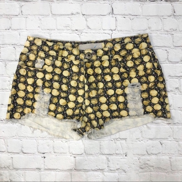 Animale Denim Cut Off Shorts Distressed Yellow Circle Lemon Pattern Size 42 - Picture 2 of 10